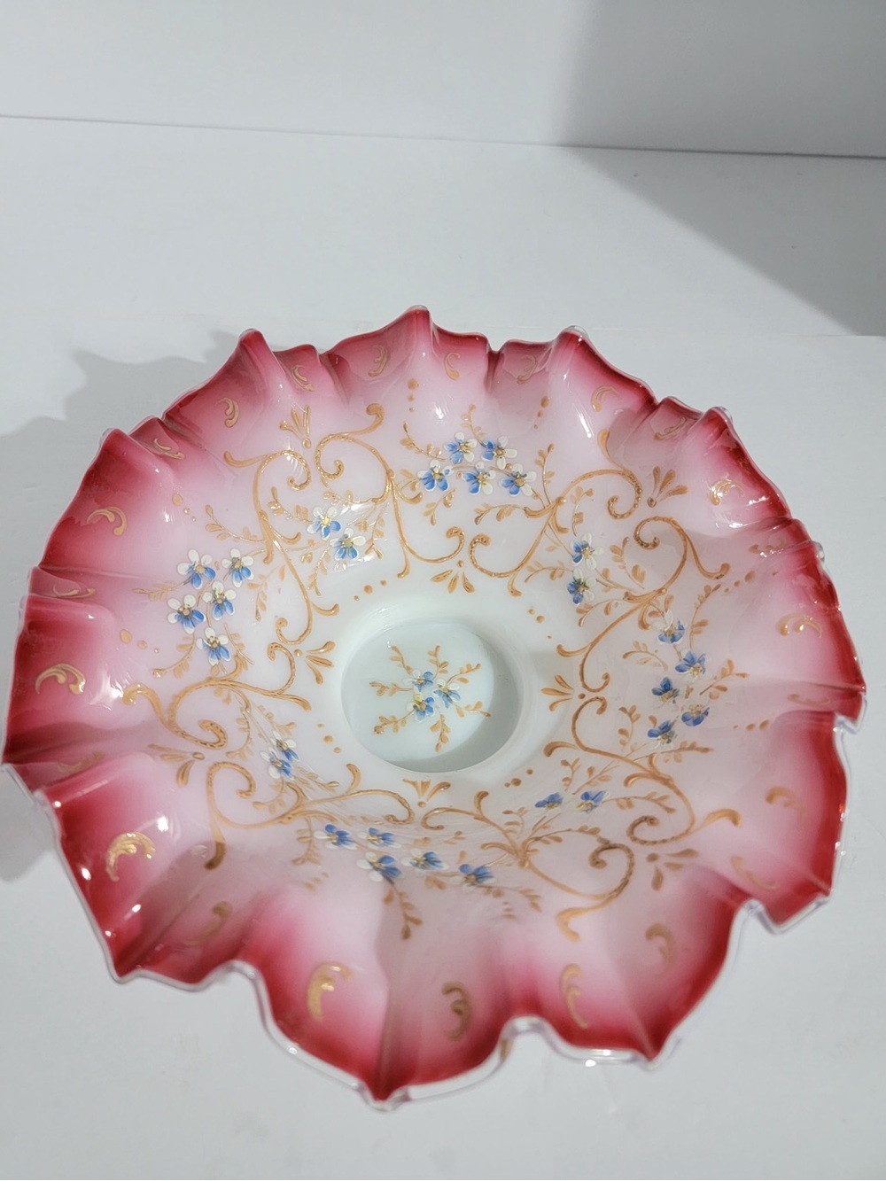 Vintage Ruffled Pink & White Glass Bowl with Hand-Painted Blue Flowers